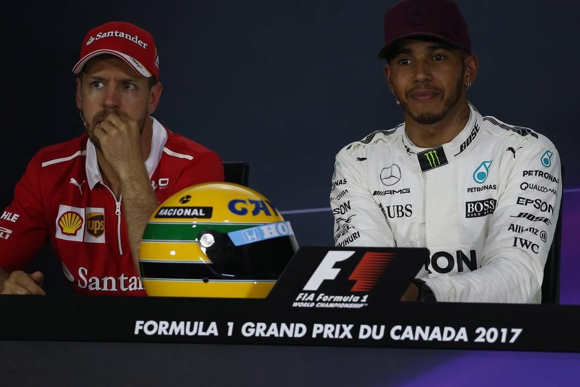 Vettel und Hamilton gemeinsam bei der Pressekonferenz, hier in Kanada.