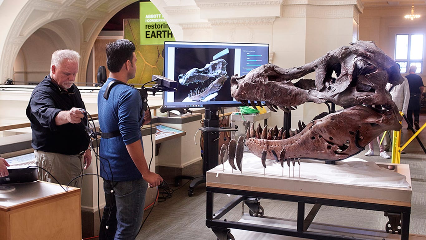 Forscher des MIT scannen einen 500 Kilo schweren T-Rex-Schädel.