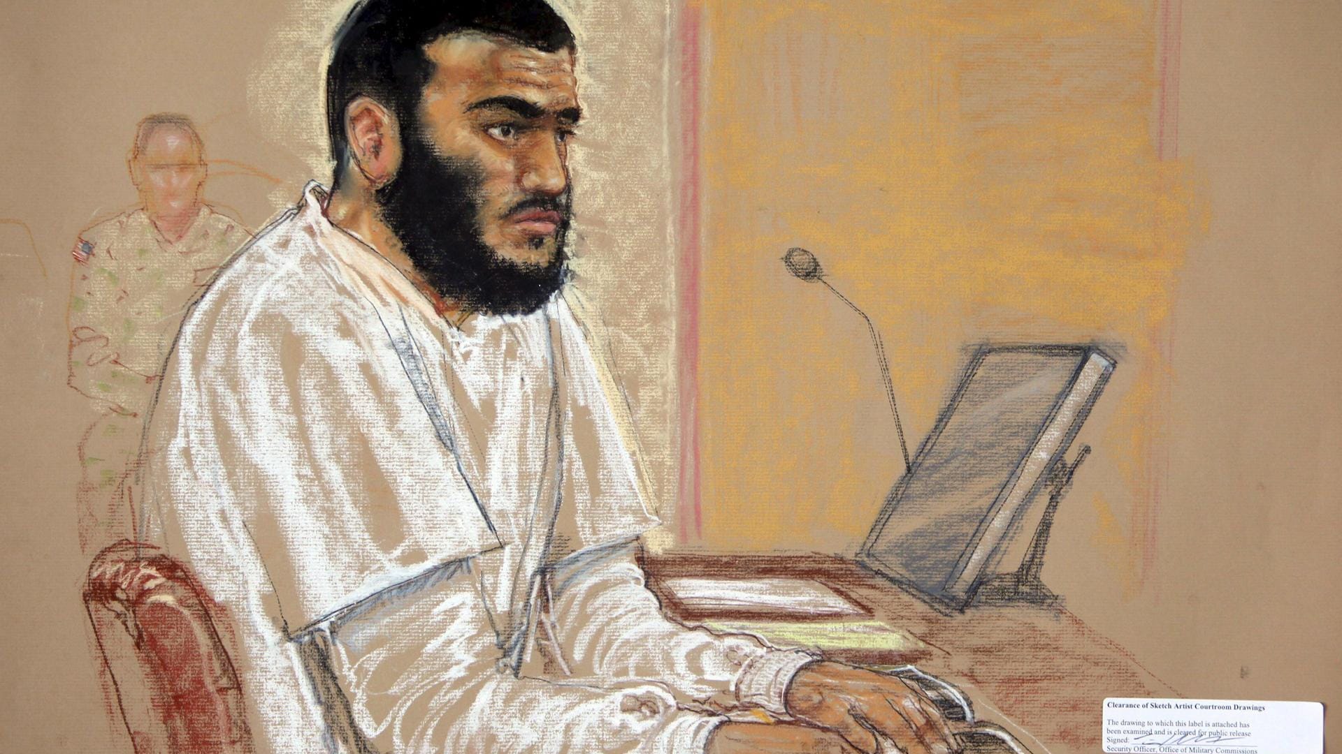 Die Gerichtszeichnung zeigt Omar Khadr bei einer der Verhandlungen vor einer US-Militärkommission. Die Gerichtszeichnung zeigt Omar Khadr bei einer der Verhandlungen vor einer US-Militärkommission.
