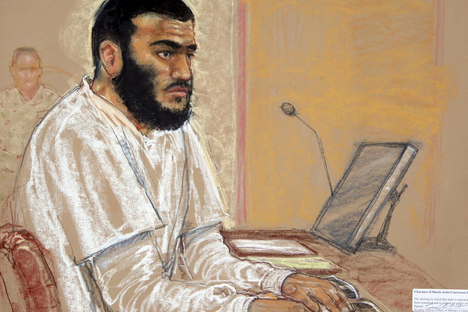 Die Gerichtszeichnung zeigt Omar Khadr bei einer der Verhandlungen vor einer US-Militärkommission.