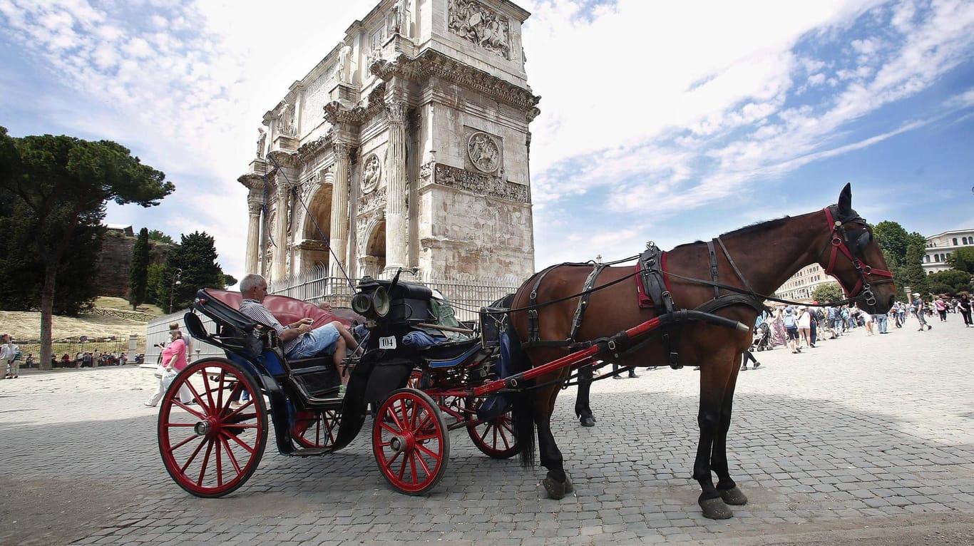 Ein typischer "Botticelle", ein Pferdewagen, vor dem Konstantinsbogen in Rom.