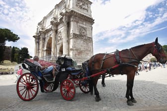 Ein typischer "Botticelle", ein Pferdewagen, vor dem Konstantinsbogen in Rom.
