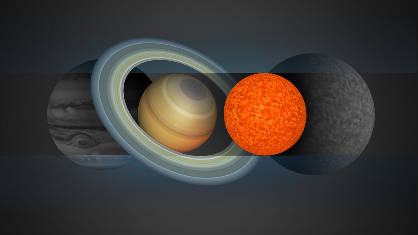 Die grafische Darstellung zeigt das Größenverhältnis zwischen den Planeten Jupiter, Saturn und dem entdeckten Stern.