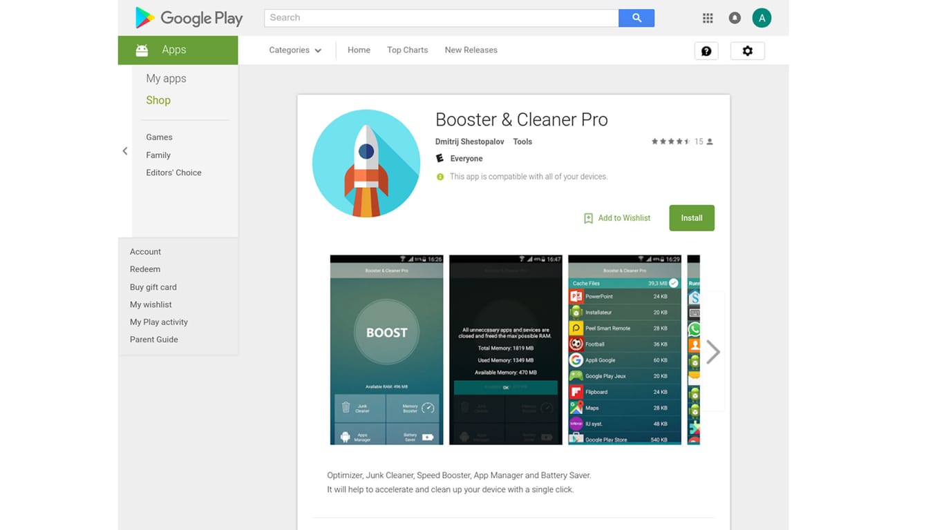 "Verseuchte App "Booster & Cleaner Pro"