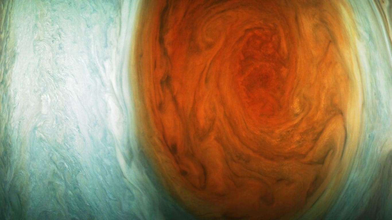 Eine auf Grundlage der gesendeten Bilder und Daten der Raumsonde "Juno" erstellte Darstellung des "Großen, Roten Flecks" auf dem Jupiter.