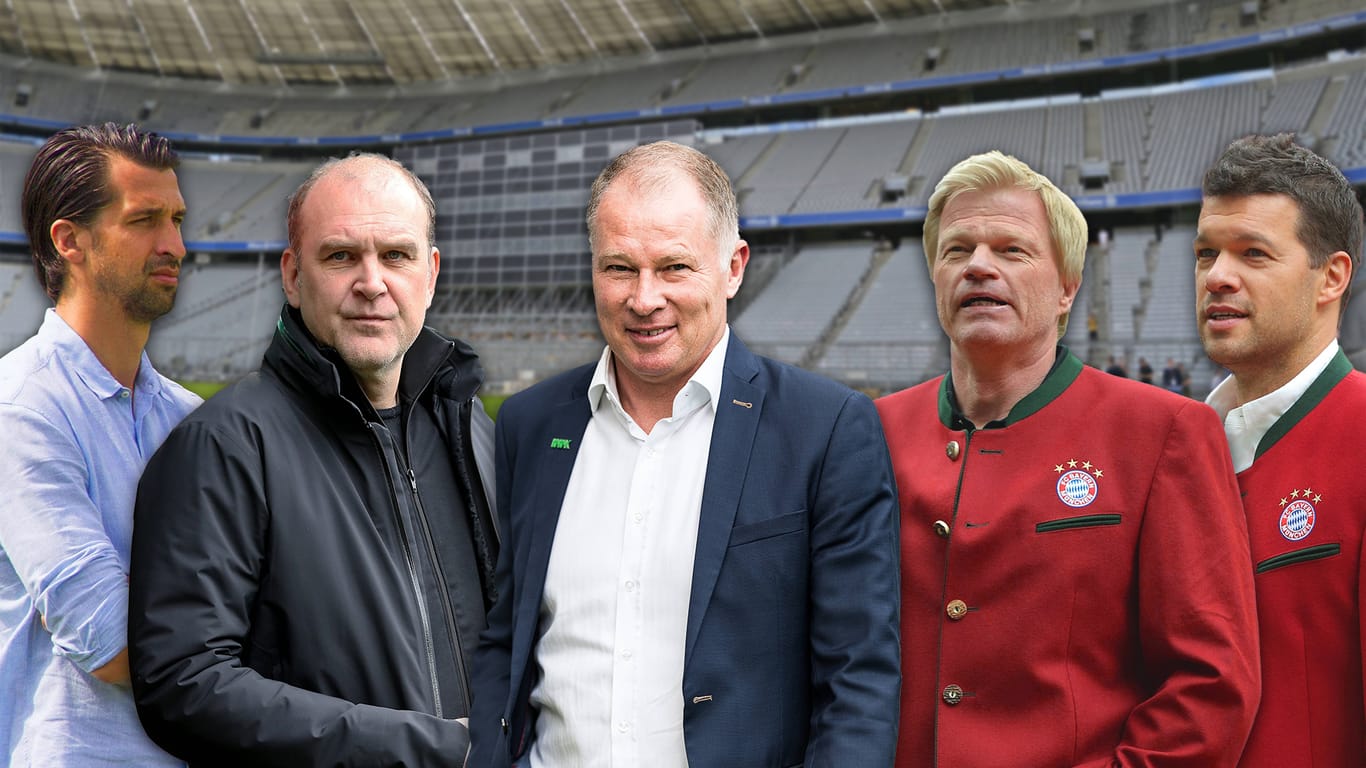 Mögliche Kandidaten als Bayern-Sportdirektor (v. l.): Jonas Boldt (Leverkusen), Jörg Schmadtke (Köln), Stefan Reuter (Augsburg), Oliver Kahn und Michael Ballack (beide TV-Experte)