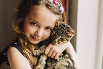Ein Kind hält eine Katze auf dem Arm: Jede Katze hat einen eigenen Charakter. Einige lieben es auf den Arm genommen zu werden, andere brauchen mehr Ruhe.
