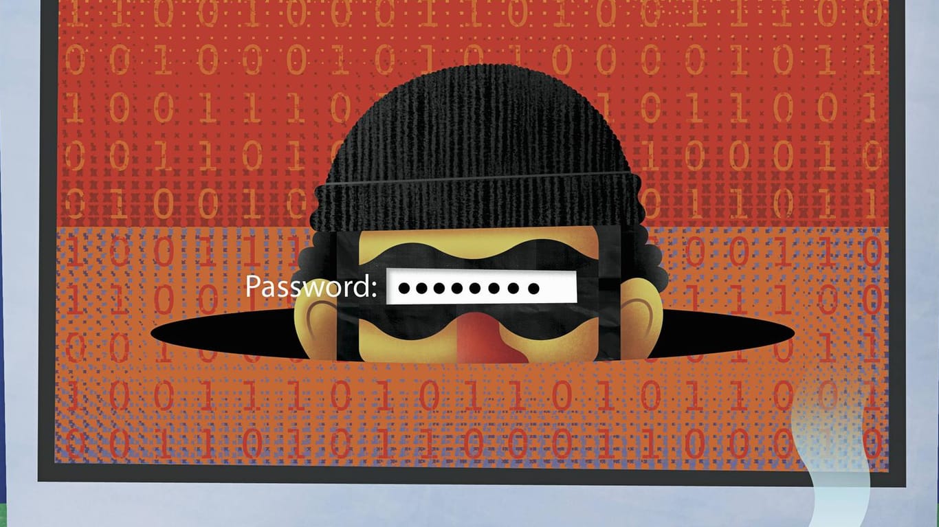Passwort über dem maskierten Gesicht eines Diebes auf einem Computerbildschirm