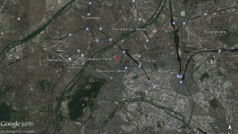 Ein Google Earth-Screenshot zeigt den Pariser Vorort Levallois-Perret bei Paris, Frankreich.