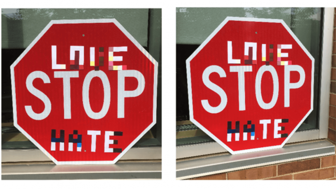 Mit ein paar Aufklebern versehen wird das Stopschild falsch interpretiert.