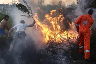 Anwohner und Freiwillige versuchen einen Waldbrand zu löschen.