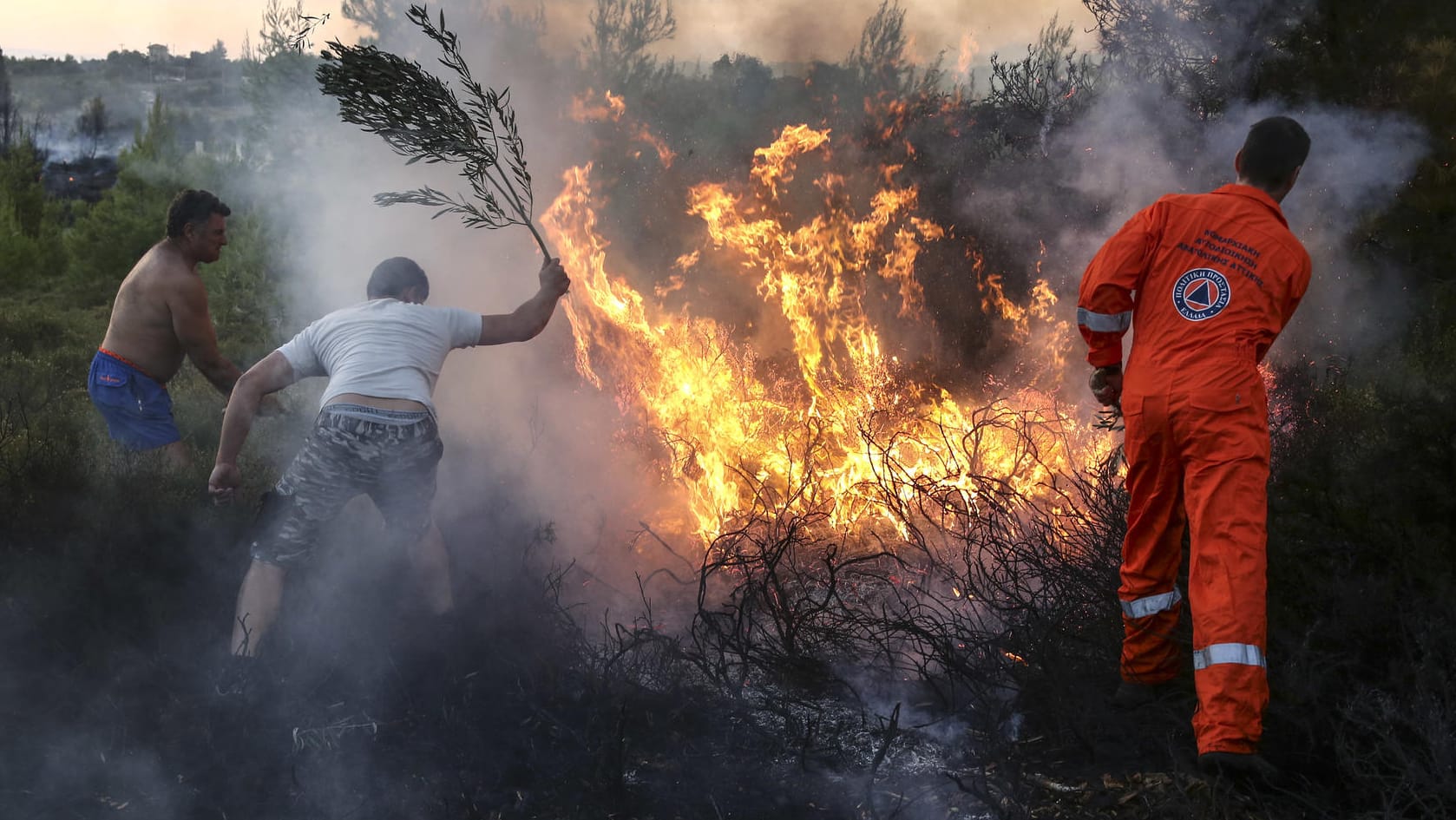 Anwohner und Freiwillige versuchen einen Waldbrand zu löschen. Anwohner und Freiwillige versuchen einen Waldbrand zu löschen.