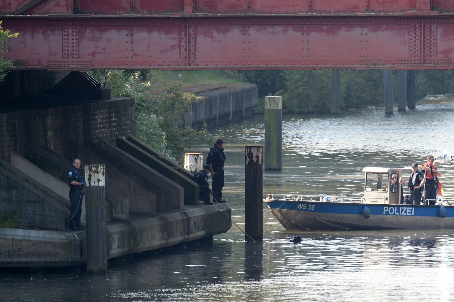 Taucher der Polizei suchen den Tiefstackkanal in Hamburg nach weiteren Leichenteilen ab.