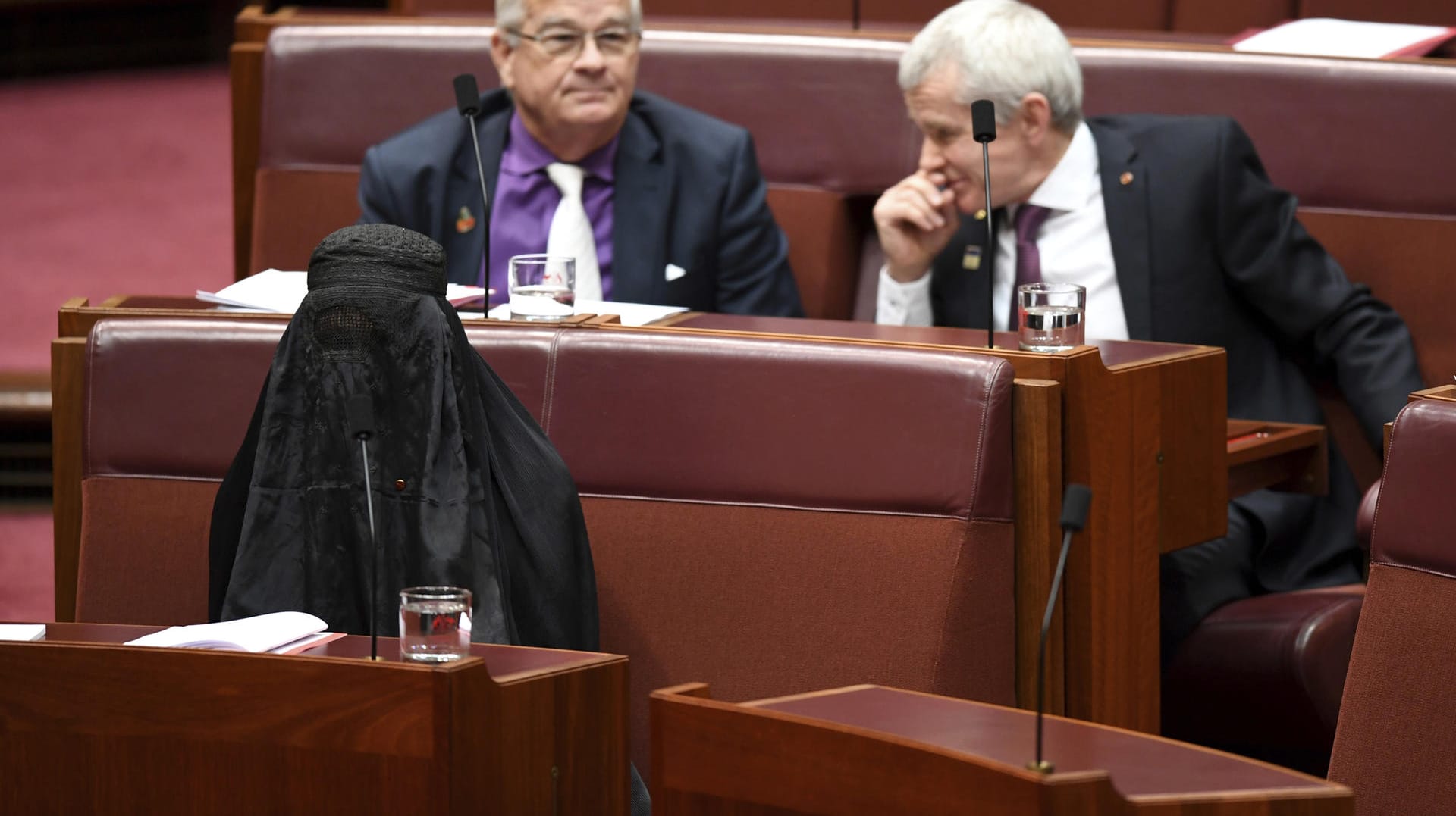 Pauline Hanson hatte Körper und Gesicht ganz mit einem schwarzen Schleier verhüllt, wie ihn Frauen in konservativen islamischen Ländern tragen. Pauline Hanson hatte Körper und Gesicht ganz mit einem schwarzen Schleier verhüllt, wie ihn Frauen in konservativen islamischen Ländern tragen.