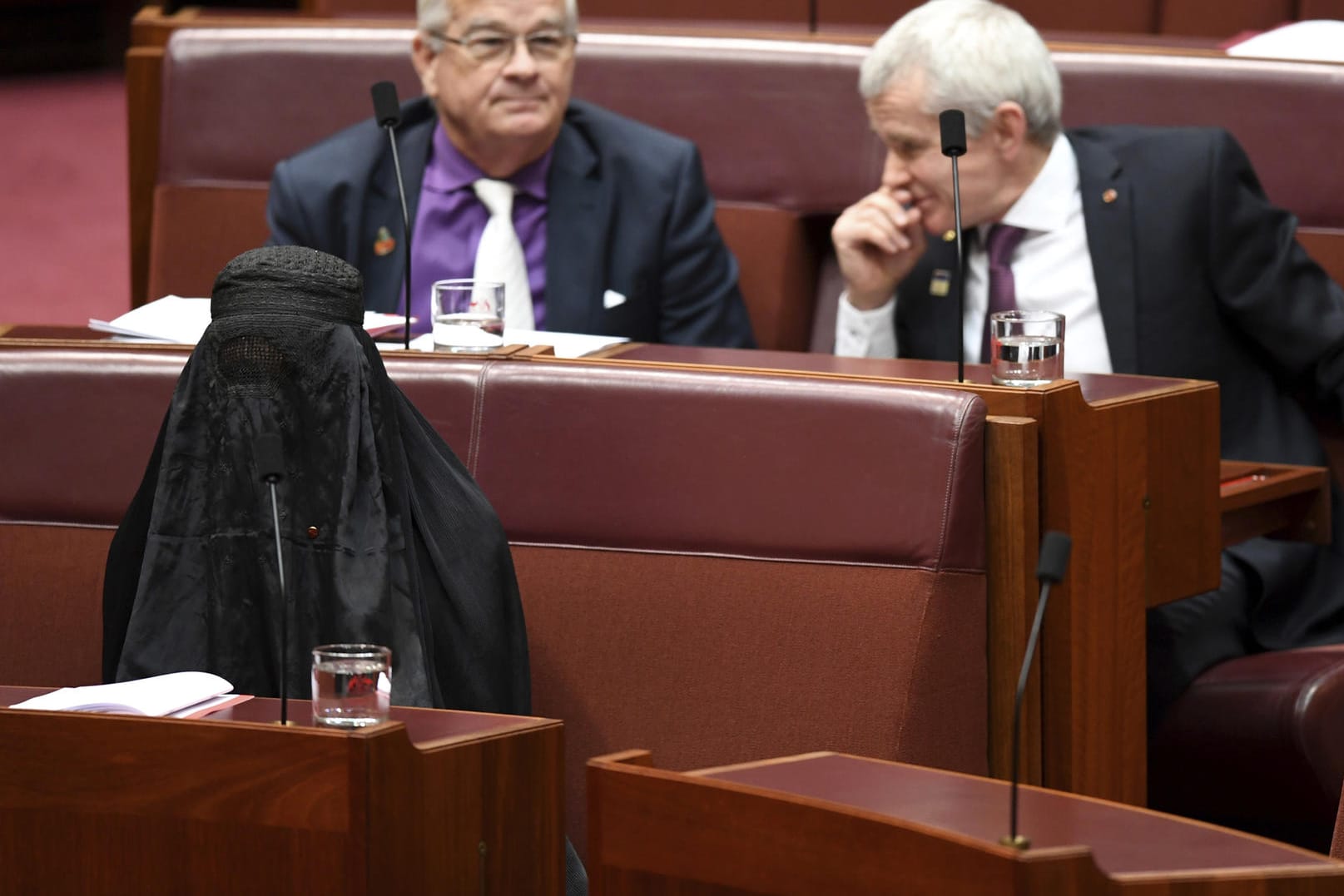Pauline Hanson hatte Körper und Gesicht ganz mit einem schwarzen Schleier verhüllt, wie ihn Frauen in konservativen islamischen Ländern tragen.
