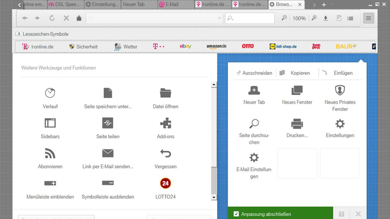 Das Optionsmenü des T-Online Browser 7 lässt sich nach Belieben konfigurieren.