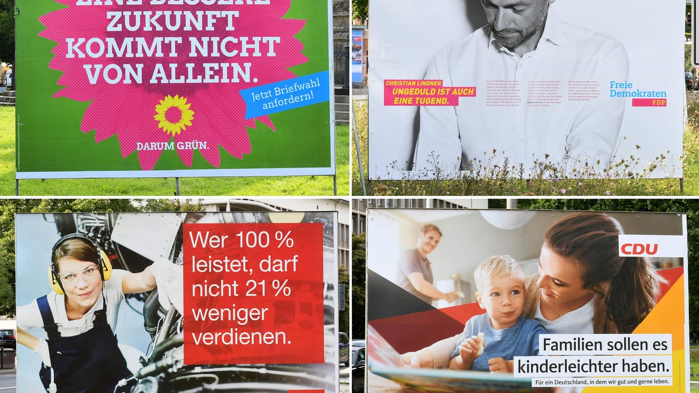 Im Uhrzeigersinn von oben links: Wahlplakate zur Bundestagswahl 2017 der Grünen, FDP, CDU und SPD