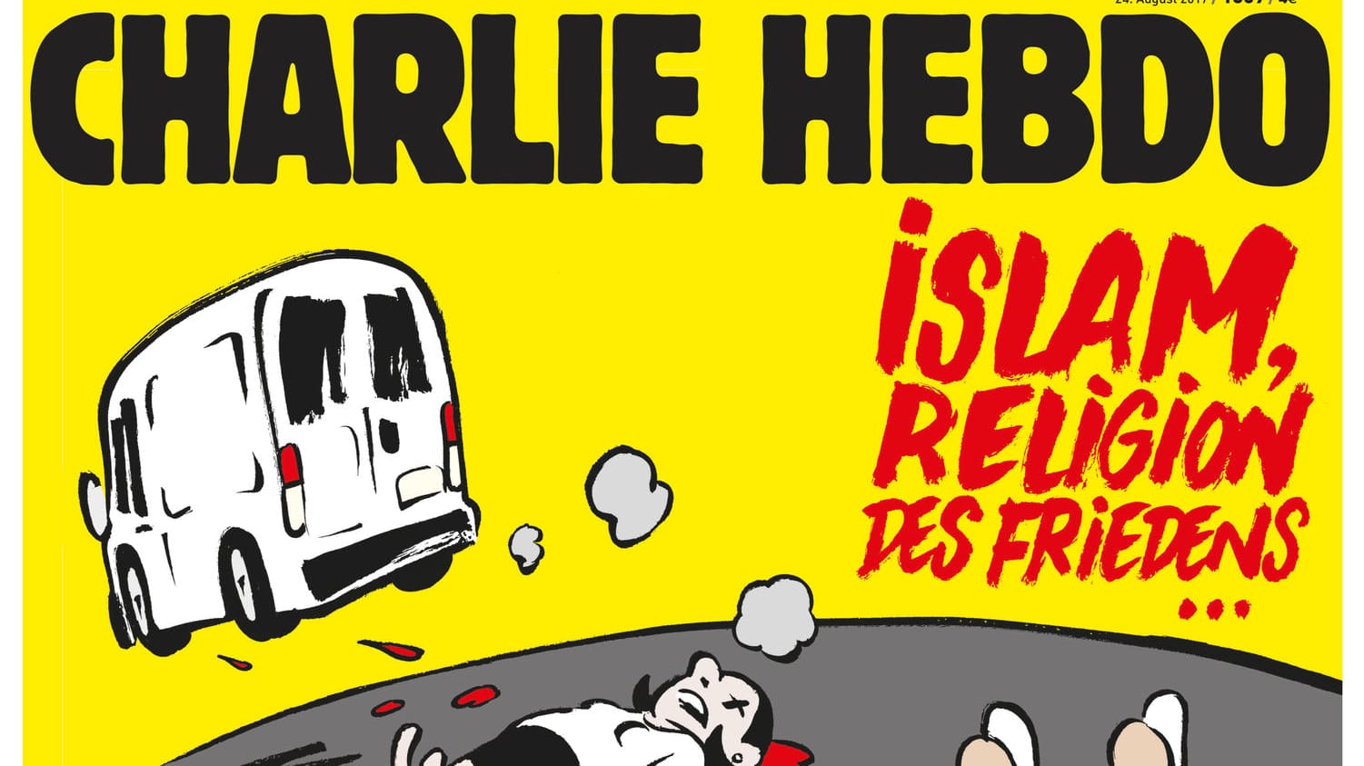 Das Cover der deutschsprachigen Ausgabe der französischen Satirezeitung Charlie Hebdo zu den Terrorangriffen in Barcelona und Cambrils, das am 24.08.2017 in Deutschland erscheint.