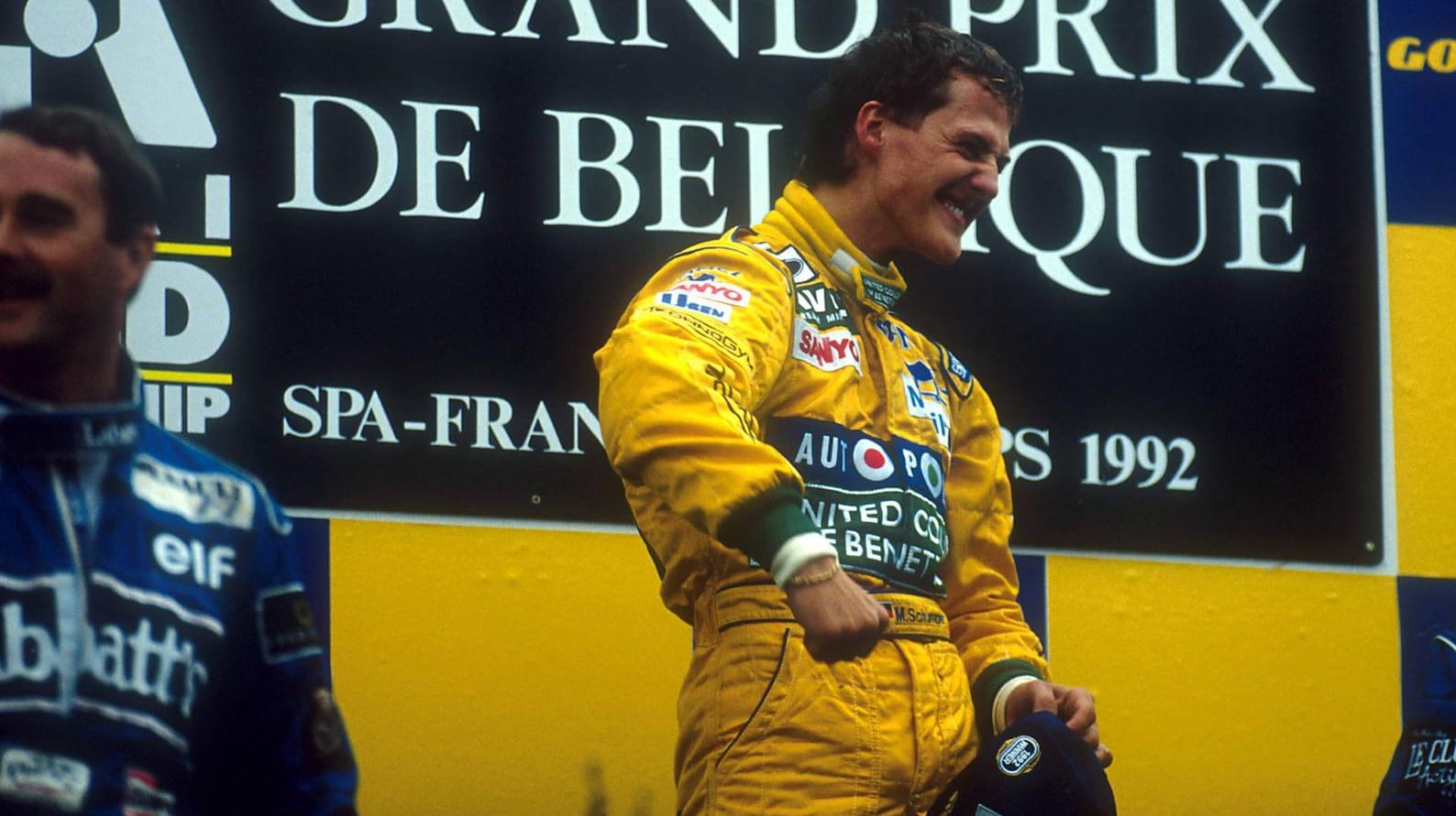 Siegerehrung beim Großen Preis von Belgien 1992. Michael Schumacher feiert seinen ersten Erfolg.