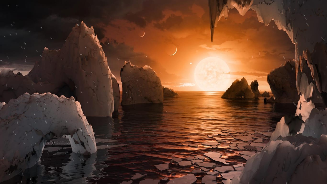 Die grafische Darstellung zeigt, wie die Oberfläche des Exoplaneten Trappist-1f aussehen könnte.