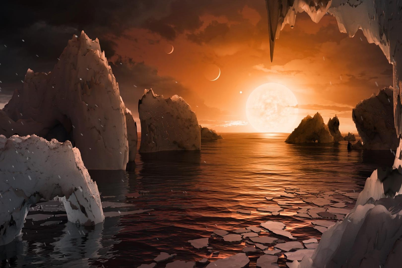 Die grafische Darstellung zeigt, wie die Oberfläche des Exoplaneten Trappist-1f aussehen könnte.