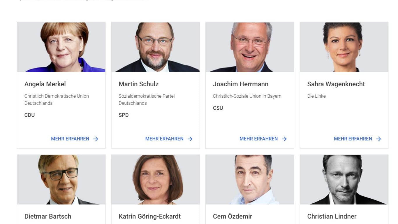 Google zeigt unter anderem die Spitzenkandidaten der Bundestagswahl.