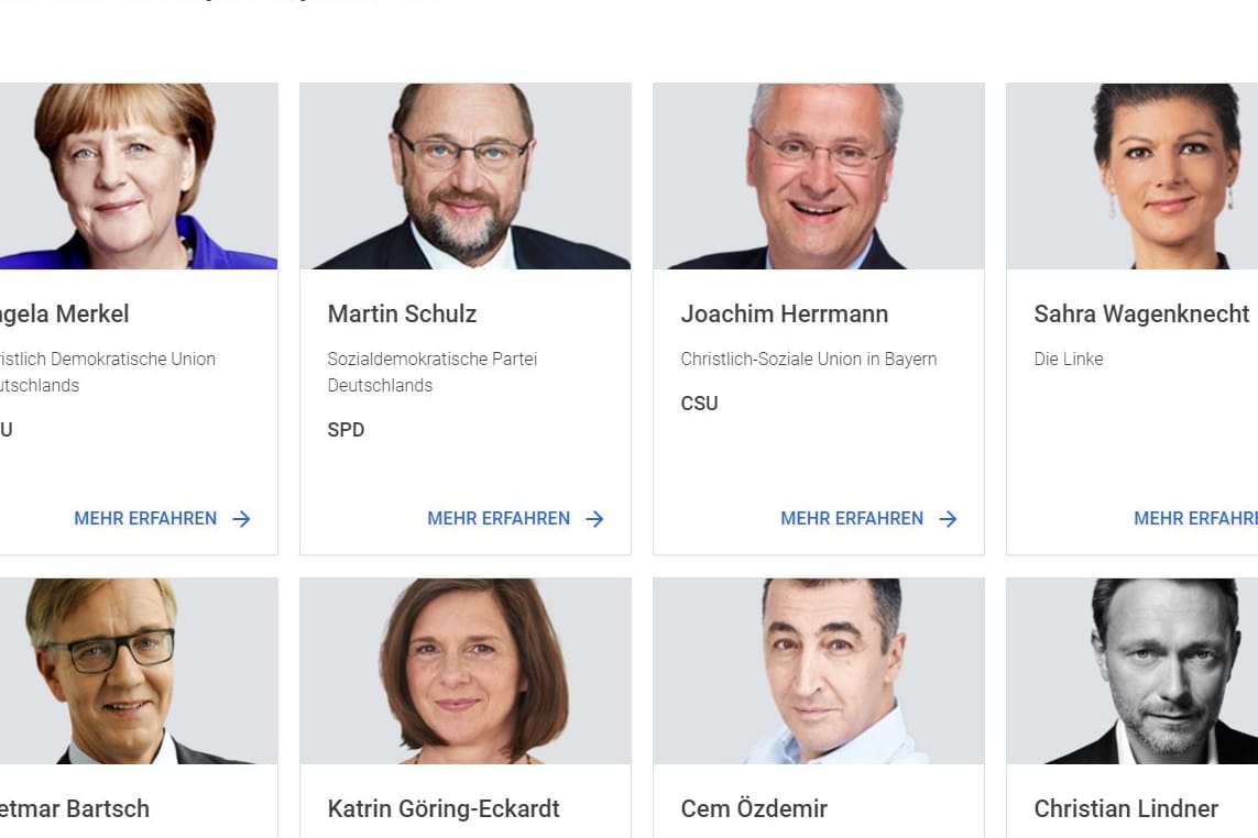 Google zeigt unter anderem die Spitzenkandidaten der Bundestagswahl.