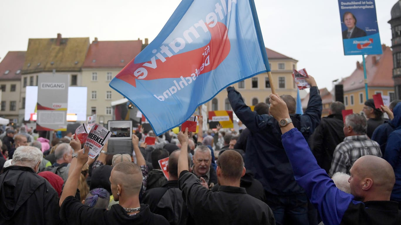 Anhänger der AfD protestieren in Torgau (Sachsen) gegen Angela Merkel.