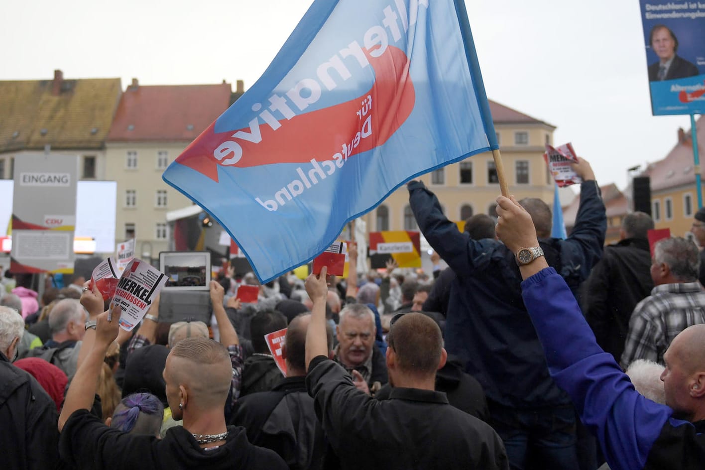 Anhänger der AfD protestieren in Torgau (Sachsen) gegen Angela Merkel.