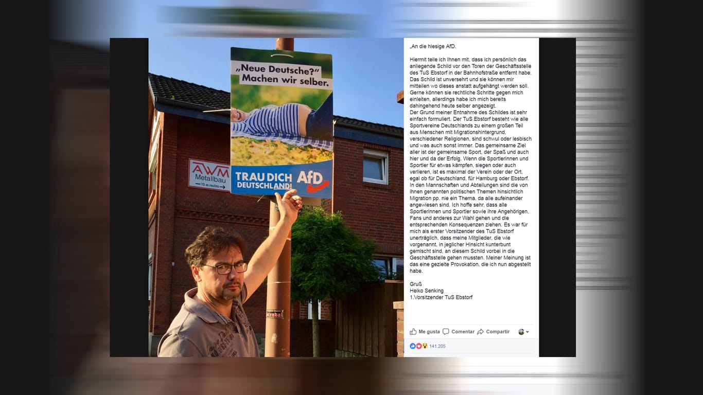 Heiko Senking, parteiloser Bürgermeister der Gemeinde Ebstorf im Landkreis Uelzen (Niedersachsen) und Vorsitzender des örtlichen Turn- und Sportvereins, hat eine Wahlplakat der "Alternative für Deutschland" abgehängt - und seine Straftat über "Facebook" öffentlich gemacht.