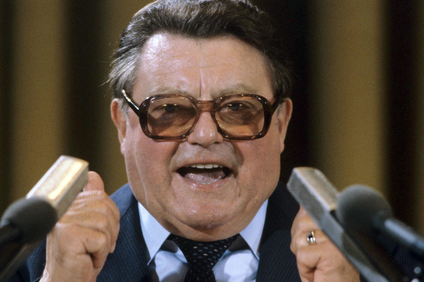 Franz Josef Strauß während einer Rede auf dem CSU-Parteitag in München am 05.09.1985. Die AfD wirbt mit dem CSU-Übervater auf ihren Wahlplakaten.