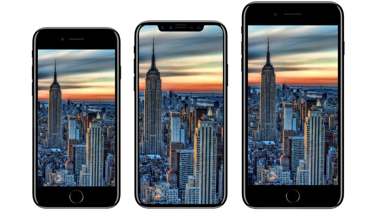 Größenvergleich: iPhone 7 neben iPhone X und iPhone 7 Plus.