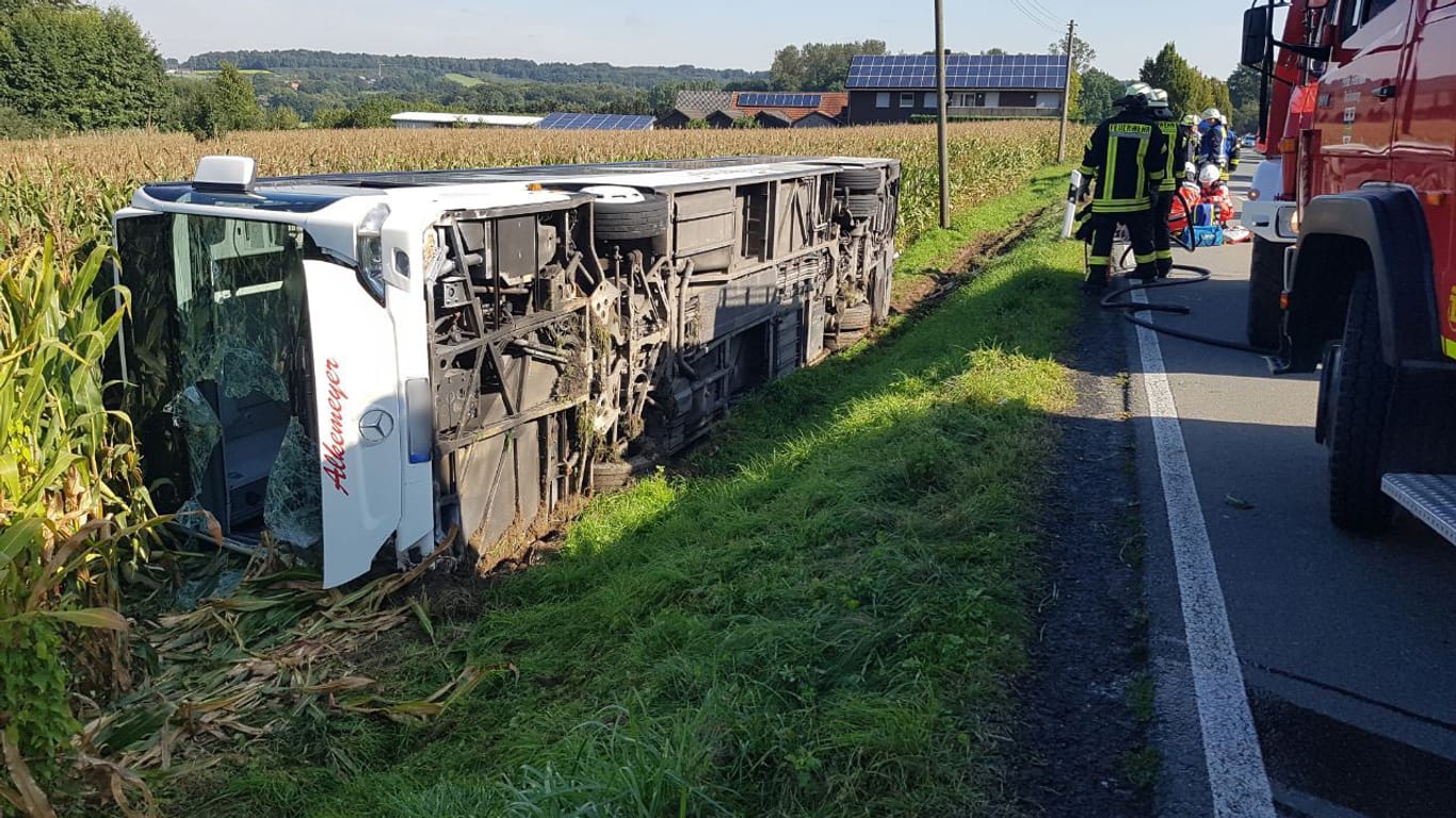 Ein verunfallter Bus liegt bei Tecklenburg in einem Feld neben der Straße. Aus noch ungeklärter Ursache war der voll besetzte Bus von der Landstraße abgekommen und auf die Seite gekippt.