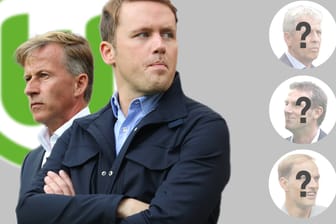 Wolfsburg-Manager Olaf Rebbe (M.) sucht einen Nachfolger für den entlassenen Trainer Andries Jonker (l.). Zu den Kandidaten sollen Lucien Favre (r. o.), Markus Weinzierl (r. M.) und Thomas Tuchel (r. u.) gehören.