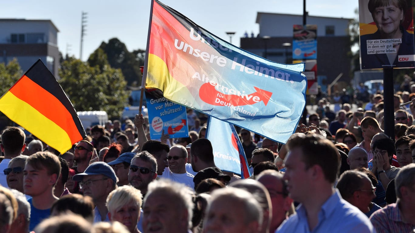 Mitglieder und Sympathisanten der AfD protestieren während eines Wahlkampfauftritts von Bundeskanzlerin Merkel in Bitterfeld-Wolfen (Sachsen-Anhalt).