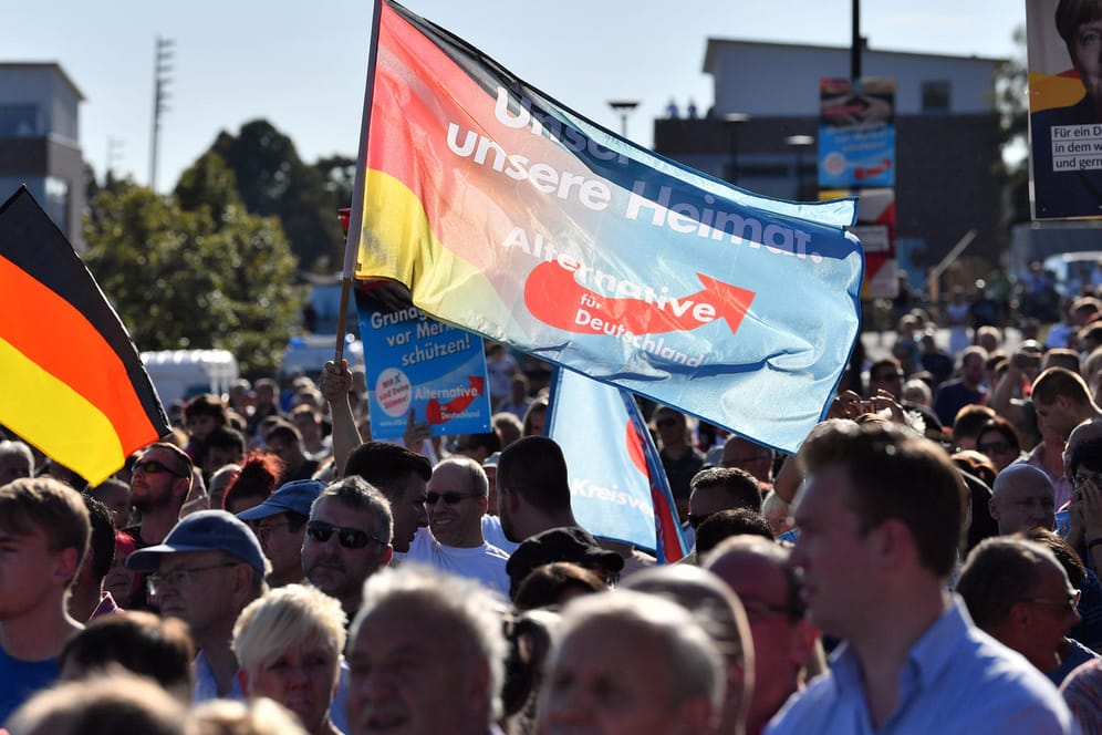 Mitglieder und Sympathisanten der AfD protestieren während eines Wahlkampfauftritts von Bundeskanzlerin Merkel in Bitterfeld-Wolfen (Sachsen-Anhalt).