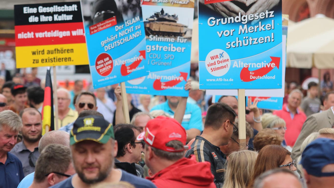 Demonstranten in Quedlinburg (Sachsen-Anhalt) halten Plakate der Alternative für Deutschland (AfD) in die Höhe.