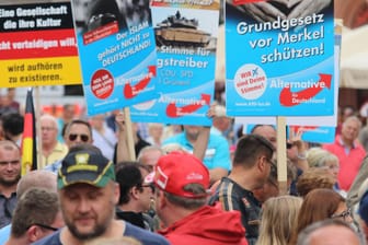 Demonstranten in Quedlinburg (Sachsen-Anhalt) halten Plakate der Alternative für Deutschland (AfD) in die Höhe.
