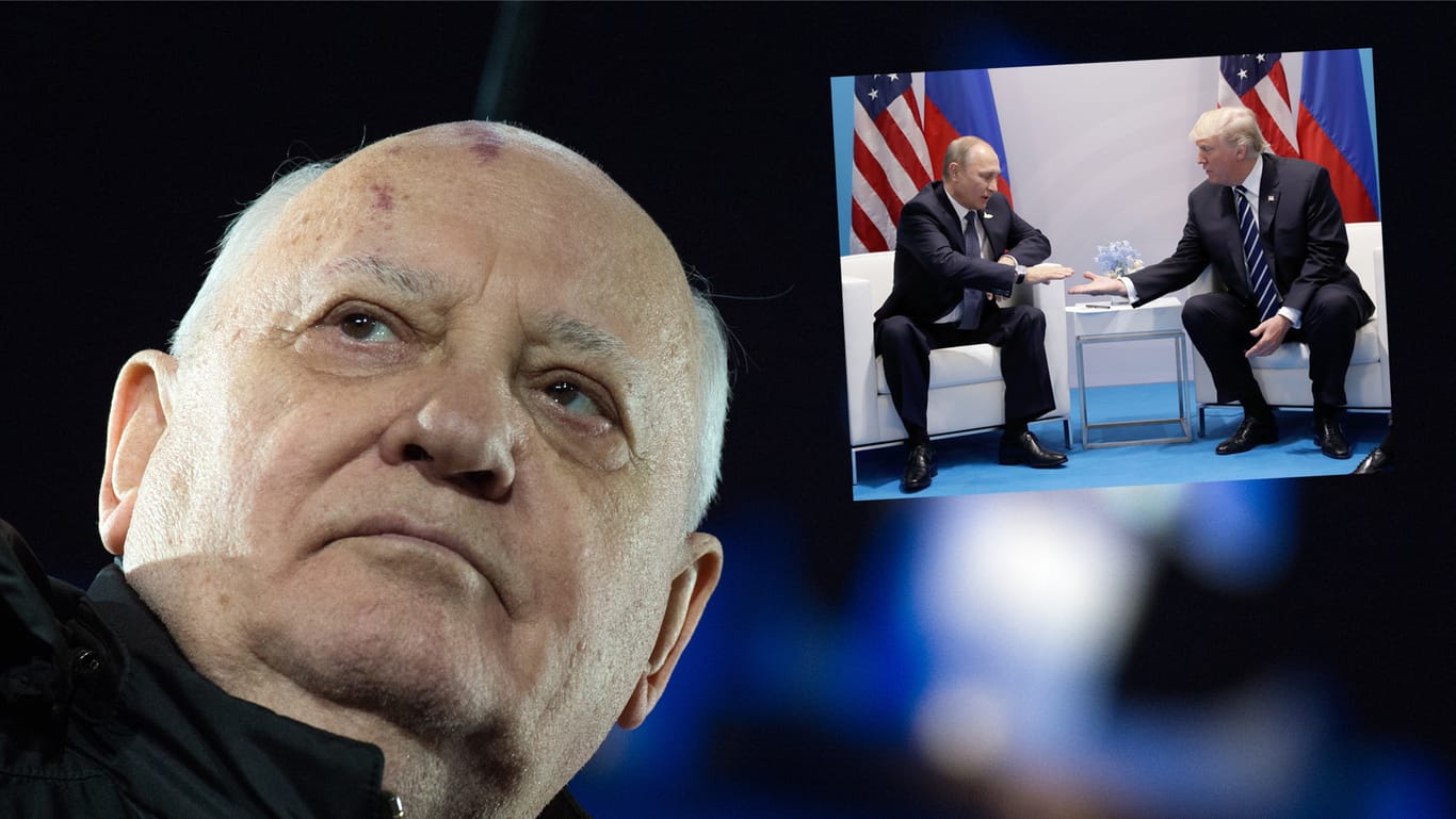 Der frühere sowjetische Staatschef Michail Gorbatschow (l.) fordert aus Furcht vor einem neuen Wettrüsten der Weltgroßmächte ein baldiges Gipfeltreffen zwischen Russlands Präsident Wladimir Putin (M.) und US-Präsident Donald Trump.