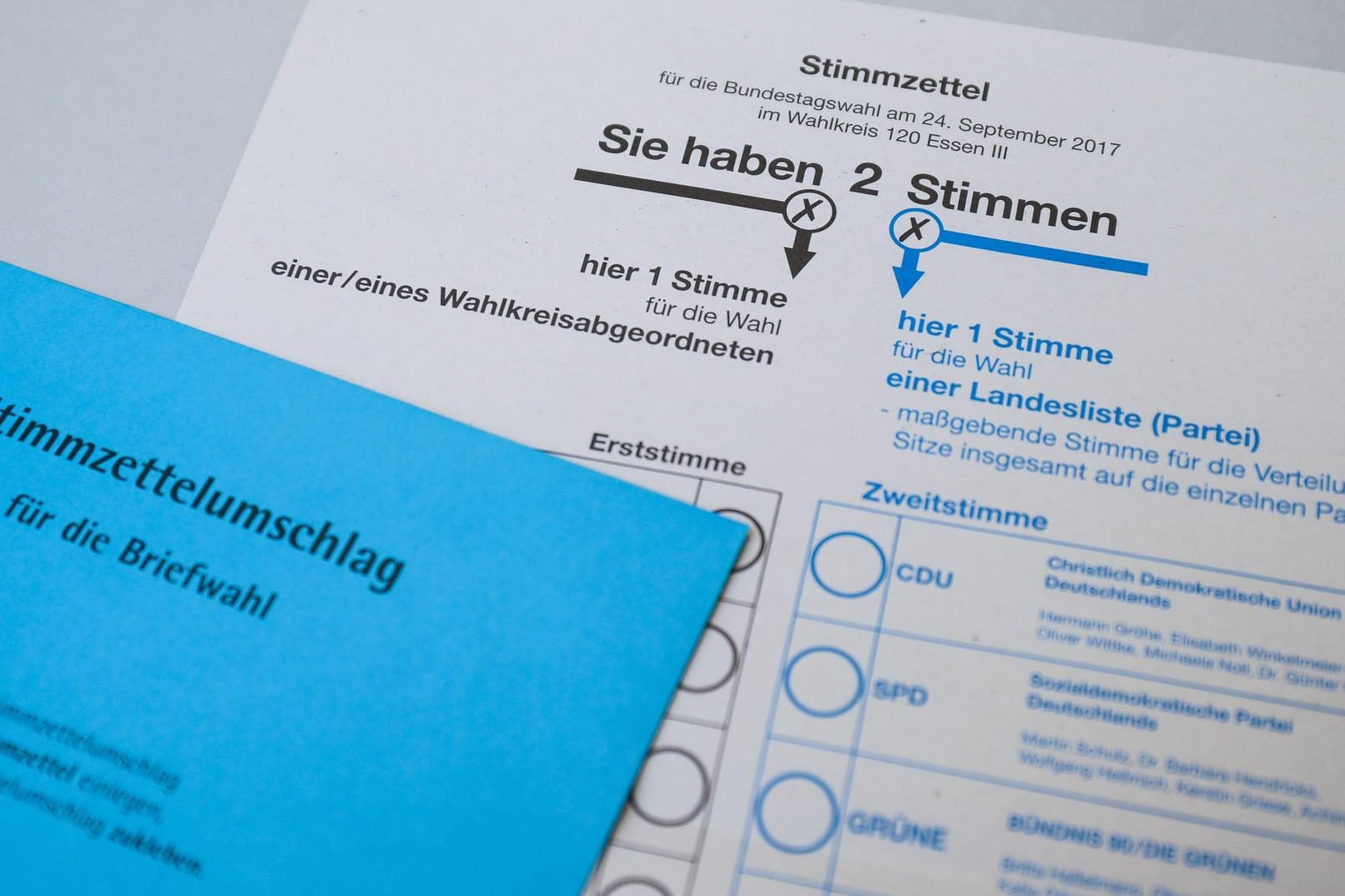 Stimmzettel und Stimmzettelumschlag für die Briefwahl zur Bundestagswahl 2017