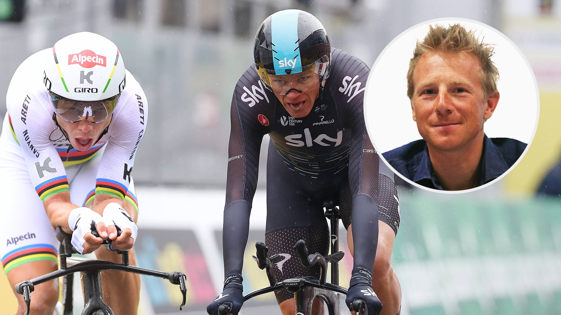 Chris Froome (M.) ist für Ex-Profi Fabian Wegmann (r.) der klare Favorit auf den WM-Titel im Zeitfahren. Der Cottbuser Tony Martin (l.) geht allerdings als Titelverteidiger an den Start.