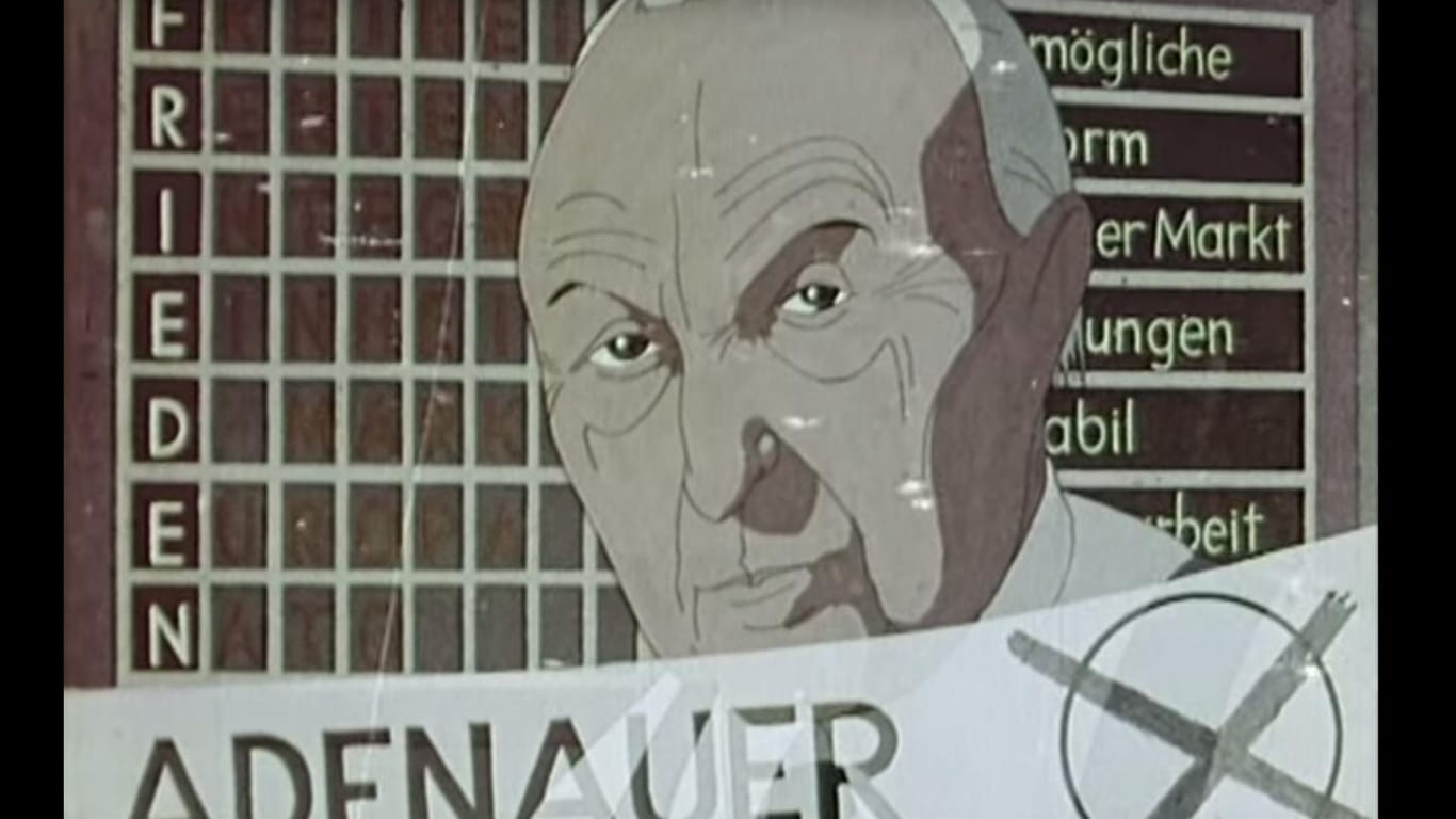 Ernst schaut dieser gezeichnete Konrad Adenauer drein – die Westbindung, Frieden und Freiheit stehen aus seiner Sicht bei der Bundestagswahl auf dem Spiel.