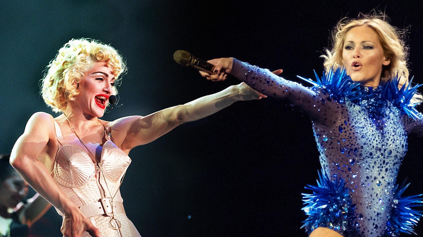 Fotocollage von zwei Popikonen: US-Star Madonna 1990 und die Deutsche Helene Fischer