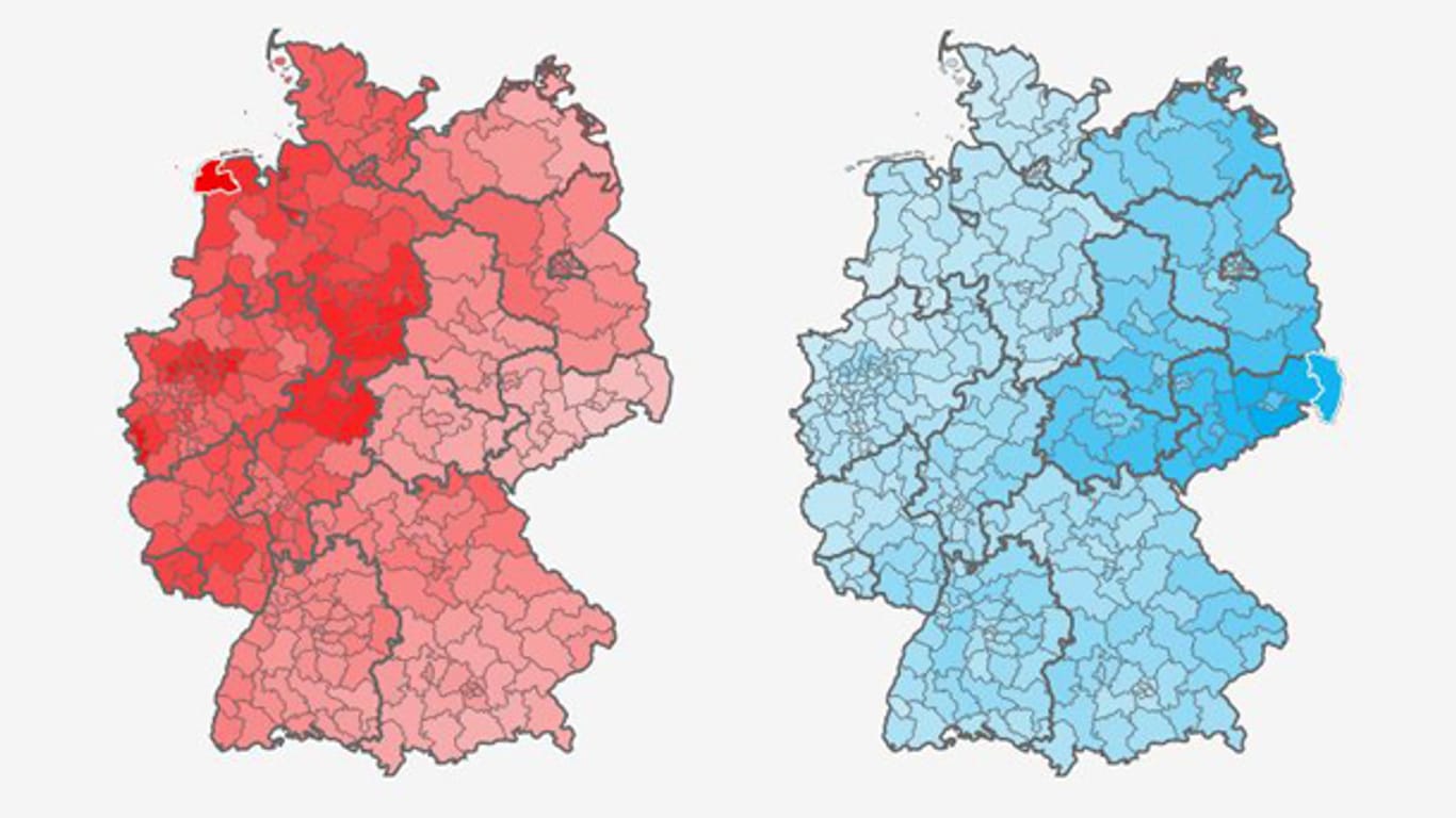 Die Hochburgen von SPD (links) und AfD (rechts) im Vergleich: Je kräftiger der Farbton, desto höher ist der Zweitstimmenanteil der jeweiligen Partei bei der Bundestagswahl.