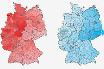 Die Hochburgen von SPD (links) und AfD (rechts) im Vergleich: Je kräftiger der Farbton, desto höher ist der Zweitstimmenanteil der jeweiligen Partei bei der Bundestagswahl.