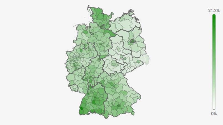 Westdeutschland ist deutlich kräftiger grün gefärbt als der Osten.