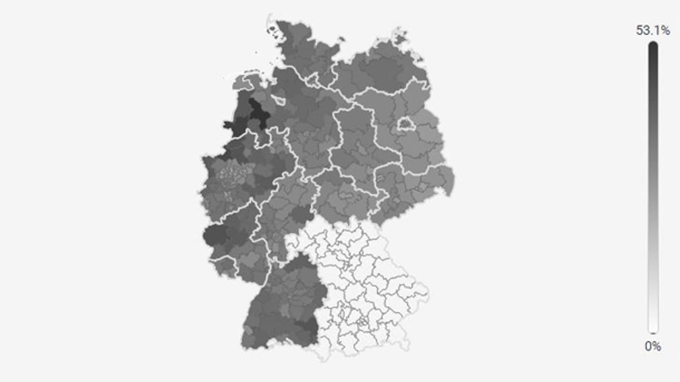 Auf der Wahlkreis-Karte bleibt Bayern bei der CDU blank: Dort tritt die Schwesterpartei CSU an.
