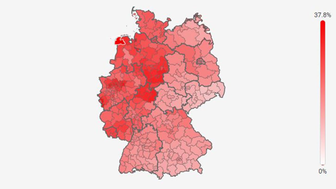 Die Wahlkreise mit den niedrigsten Stimmenanteilen der SPD liegen in Ostdeutschland.