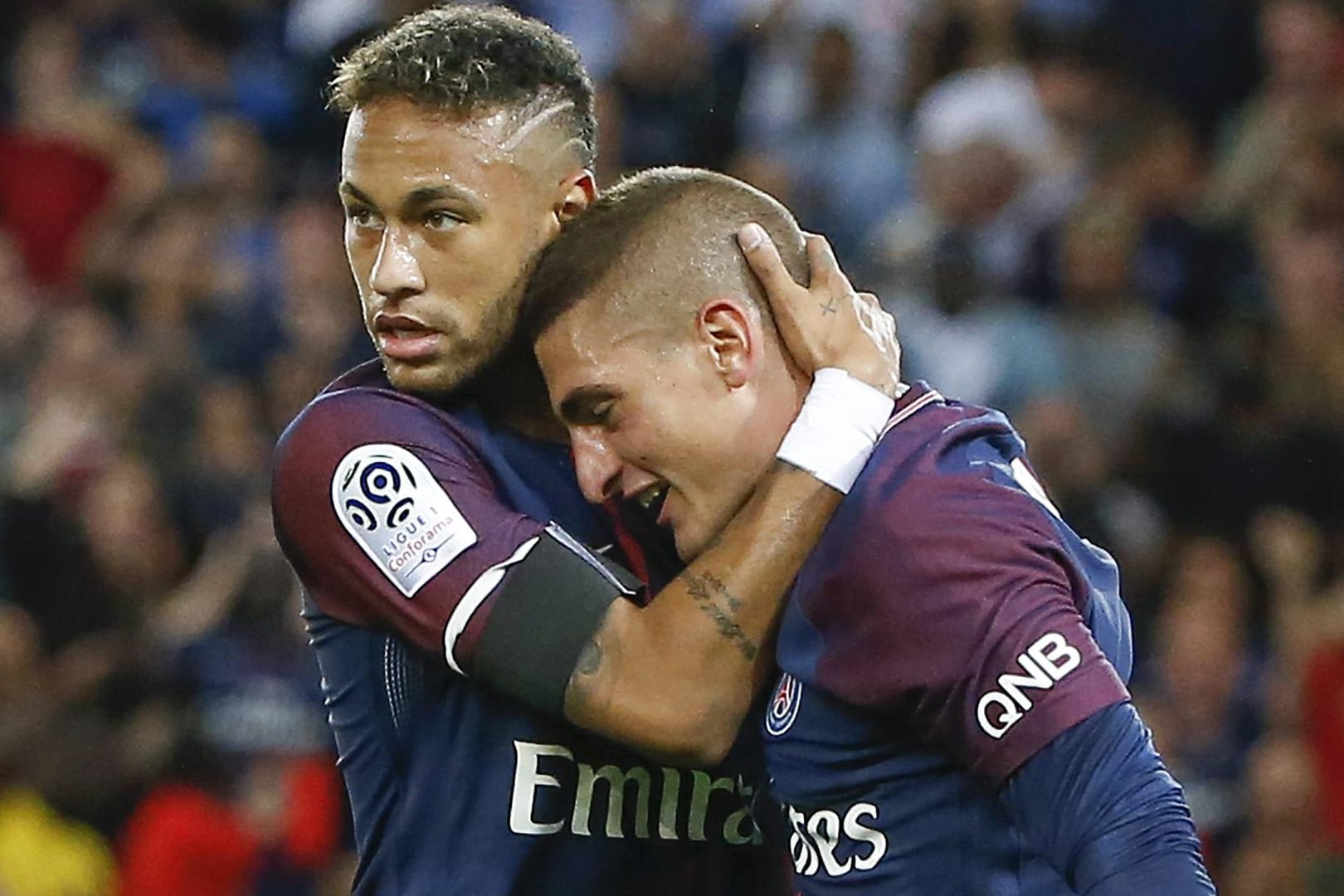 Neymar (l.) mit einem der - neben ihm - wichtigsten Spieler von Paris: Marco Verratti.