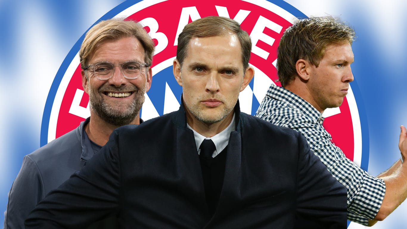 Jürgen Klopp (l.), Thomas Tuchel (M.) und Julian Nagelsmann gelten als Kandidaten für den Trainerjob beim FC Bayern München.
